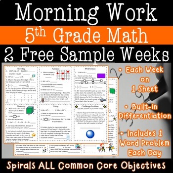 5th Grade Daily Math Morning Work one week freebie (week 19)