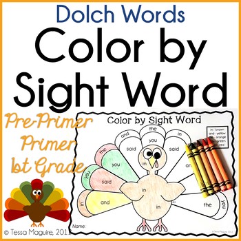 Free Turkey Color by Sight Word Dolch Words