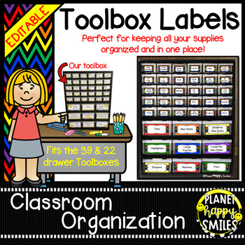 Teacher Toolbox Labels (Editable) ~ Rainbow Chevron Print with black bkgd